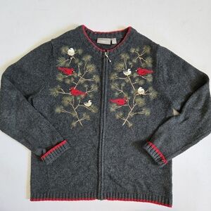 Croft& Barrow cardinal chickadee birds nature embroider zip sweater ramie silk M